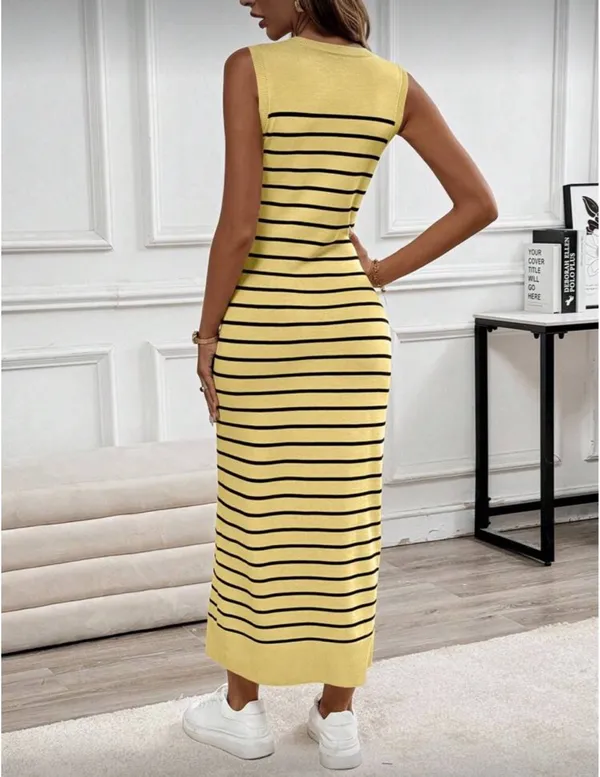 Yellow Striped Sleeveless Women Dress - Image 2