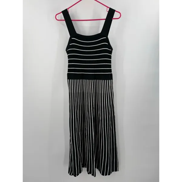 Banana Republic Dress Women's Medium Square Neck Knit Midi Black White Stripe - Image 12
