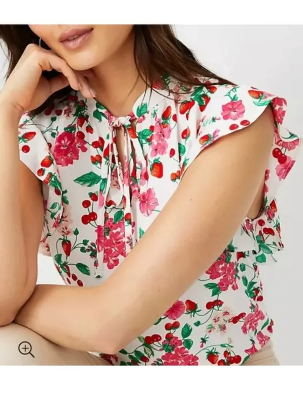 ANN TAYLOR Floral Mixed Media Ruffle Sleeve Tie Neck Shell Top White Strawberry - Image 3