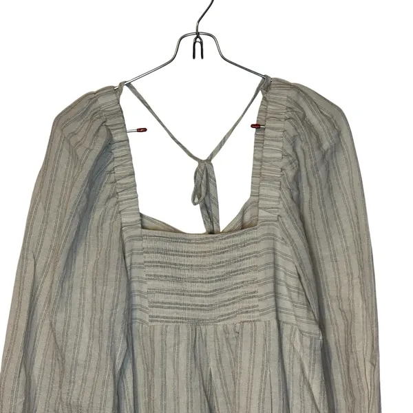 Mystree Womens Smocked Midi Dress Lined Striped Puff Sleeve Oatmeal Small NWT - Image 9