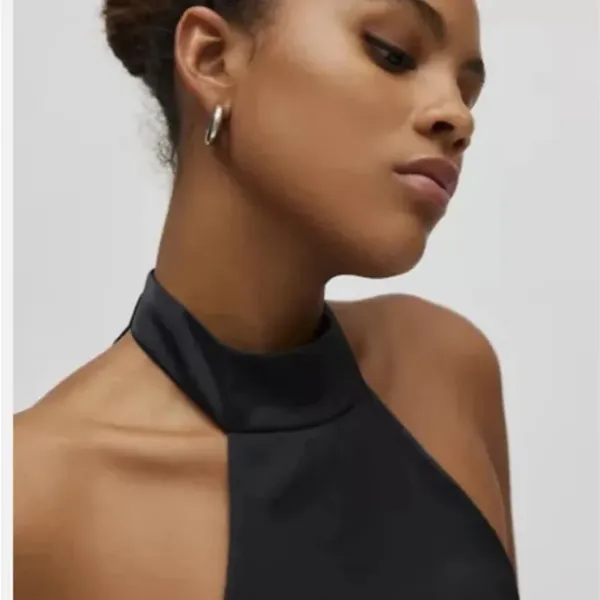 Ecote Black Satin Asymmetrical Halter Dress - Image 2