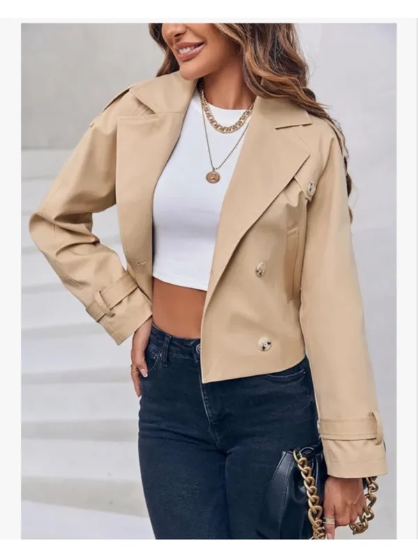 NEW Lapel Double Breasted Cropped Belted Trench Coat Jacket M Size M - Image 6