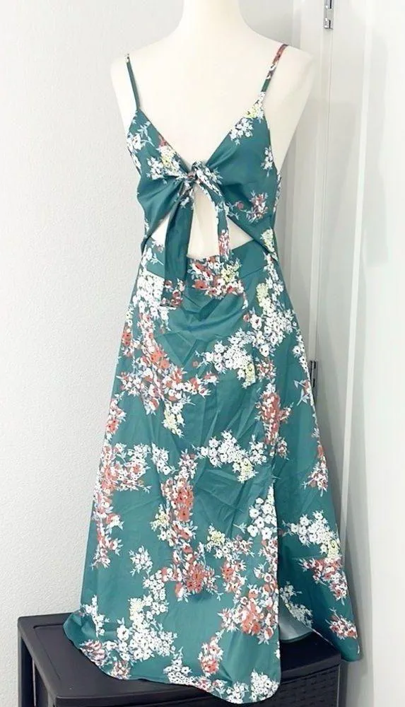Medium Green, White Floral Tie Front Faux Wrap Midi Dress - Image 2