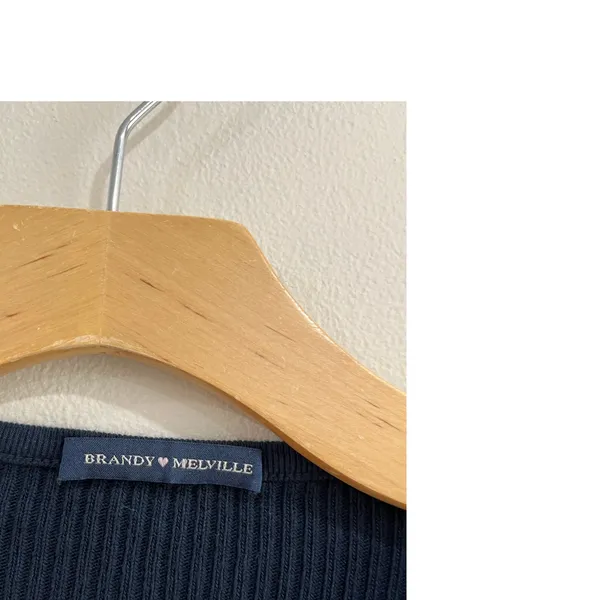 Brandy Melville Navy Ribbed Crop Sweater‎ Raw Hem V Neck Cotton Top OS - Image 5
