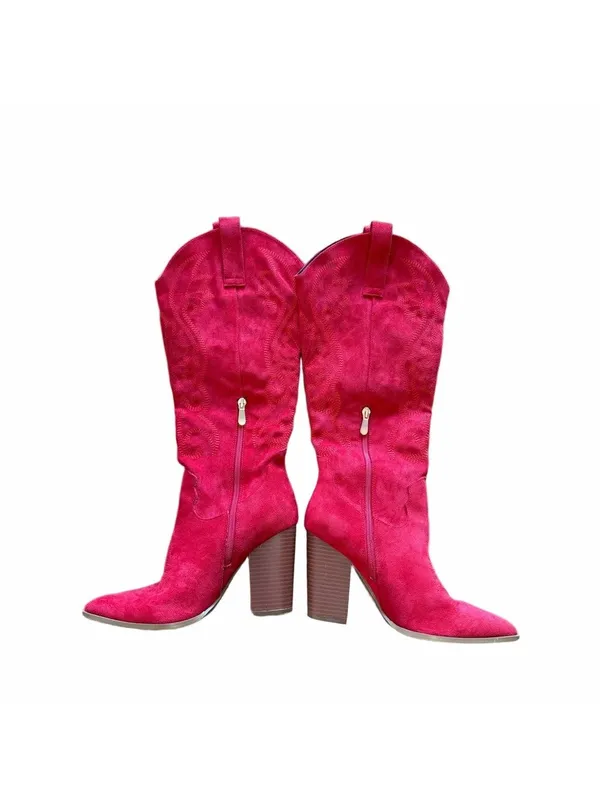 Women's Tall Red Faux Suede Western Theme Block Heel Boot Size 6.5 #2602028 - Image 4