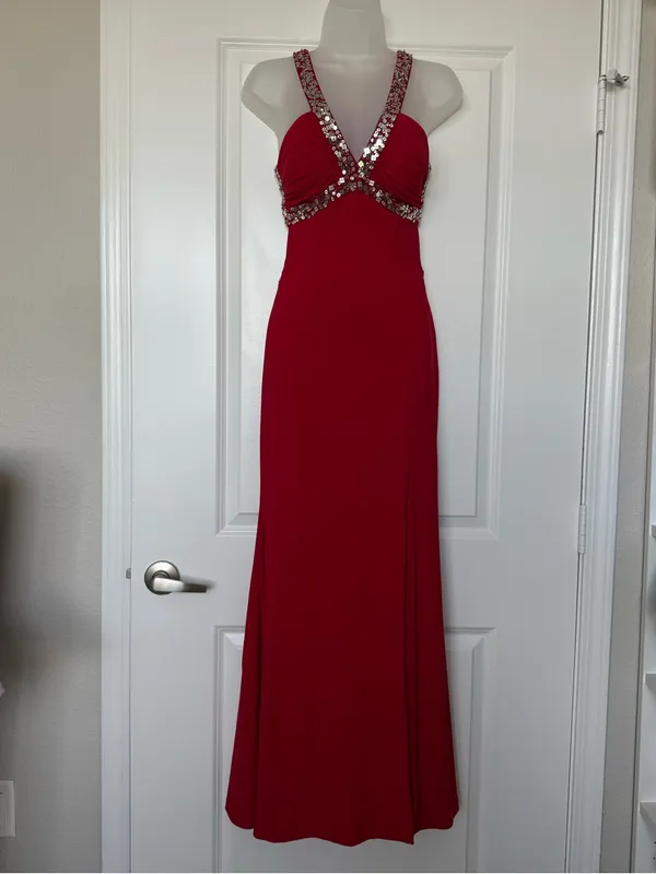 Hailey Logan by Adrianna Papell Red Sequin Cage Back Maxi Gown Prom Dress 3/4 - Image 2