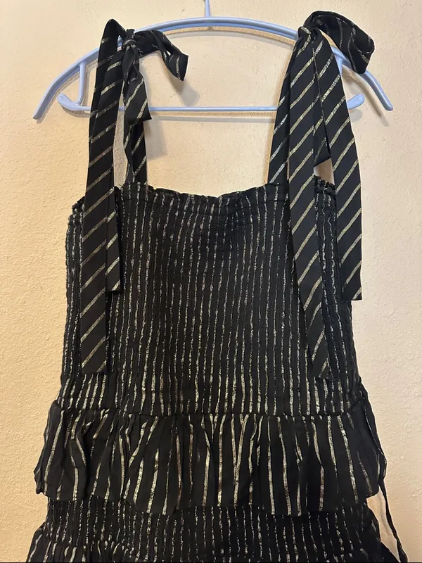 HOUSE‎ OF HARLOW 1960 Corrine Tiered Ruffle Mini Dress Tie Shoulder Back Gold - Image 3