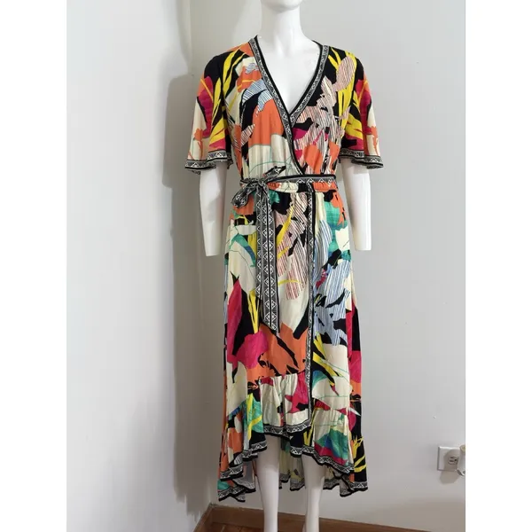 Flying Tomato Tropical Floral High Low Hem Midi Dress Plunge Neckline Size M - Image 2