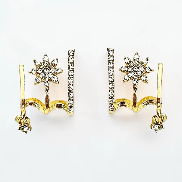 New Gold Tone Starburst and Crystal Drop Multi-Faux Hoop Earrings - Image 3