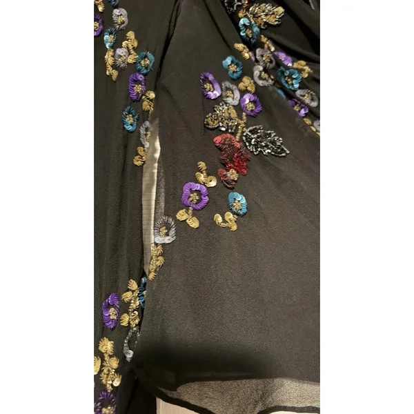 Vintage‎ Silk Y2K Floral Sequin Top Black Bell Sleeve Sheer Witchy Whimsigoth - Image 5