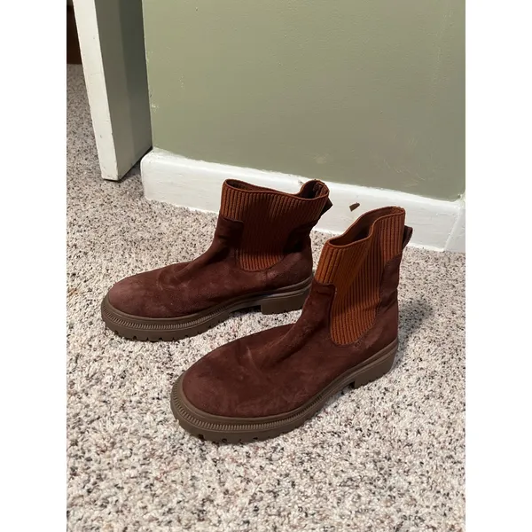 Women's Side 8 Boots Faux Suede Tan Brown Ribbed Mid-Calf Pull On Stretch - Image 2