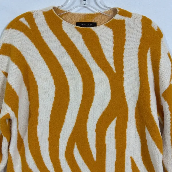 Ann Taylor Womens S Mustard Yellow Cream Zebra Print Fuzzy Crewneck Sweater - Image 4