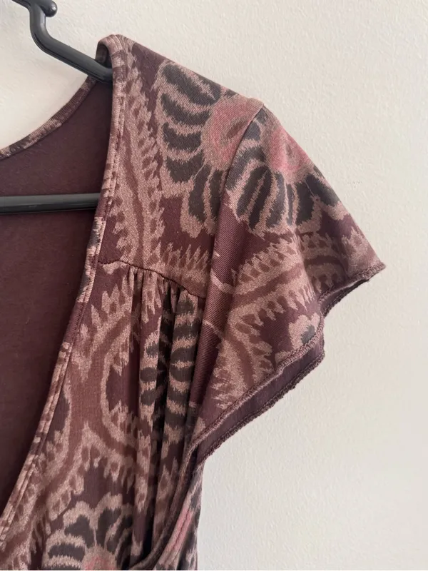 Fresh Produce Dress Small Brown Floral Faux Wrap Side Tie Made in USA - Image 5