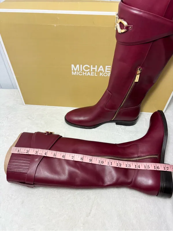 Michael Kors Izzy Tall Leather Riding Boots Dark Berry Color with Gold MK Accent - Image 10