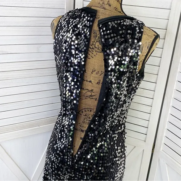 Banana Republic‎ Sequin Sleeveless Shift Party Cocktail Dress Silver Black 2 - Image 6
