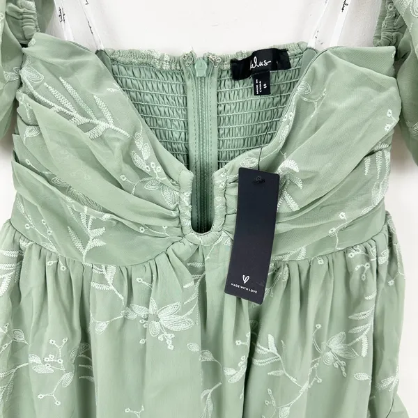Lulus Cutest Icon Sage Green Embroidered Off-the-Shoulder Mini Dress Small NWT - Image 7
