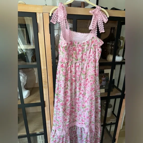 Floral tiered embroidered maxi midi dress garden roses loveshackfancy bow pastel - Image 3