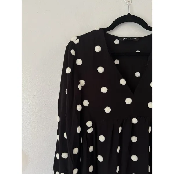 Zara Black Long Sleeve Mini Dress White 3D Polka Dots Pullover Womens Large - Image 3