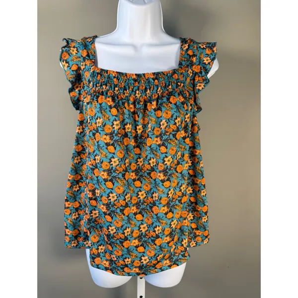 Melloday Teal Floral Smocked Square Neck Ruffle Sleeve Blouse Medium‎ NWT - Image 2