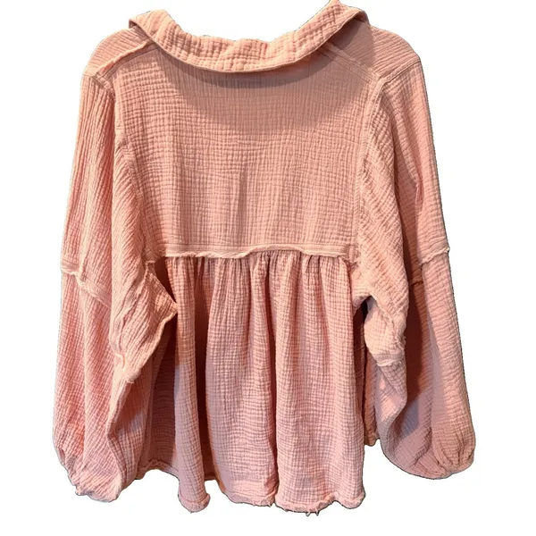 Ces femme Pink Cotton Collared Peasant Balloon Sleeve Gauze Blouse Oversized S - Image 2