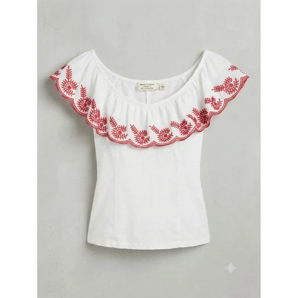 Anthropologie Moulinette Soeurs White/Red Julieta Ruffled Top Size S Boho Chic - Image 2