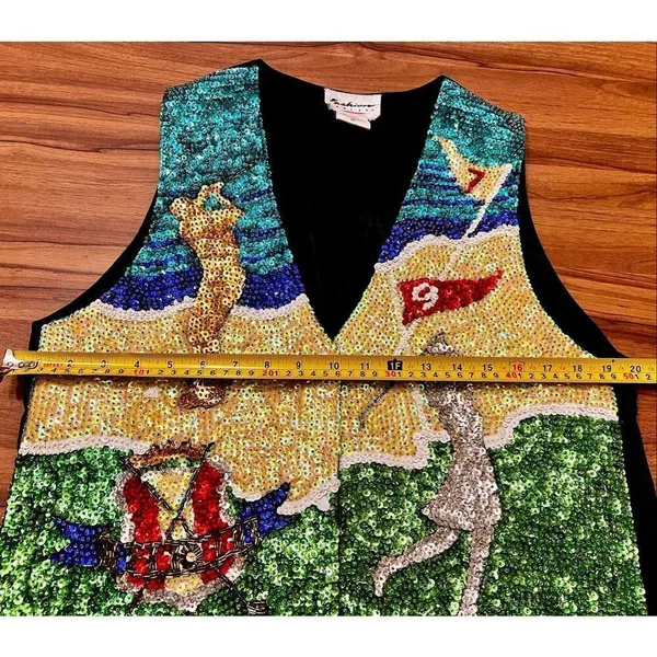 Vintage Rare Fashion Fantasy Sequin Golf Theme Vest Waistcoat Size Medium EC - Image 3