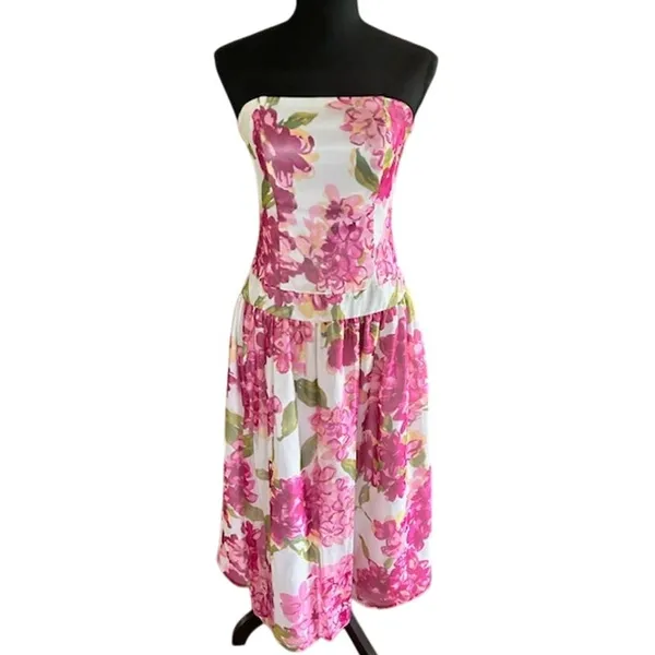 Tessuto Pink Floral Strapless Fit & Flare Dress Size 8 Wedding Guest Dress - Image 2