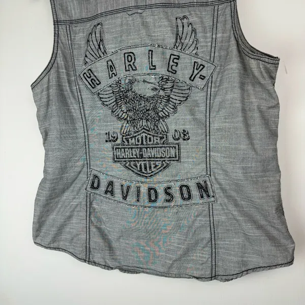 Harley Davidson Y2K Button Down Shirt Vest Sz XL Grey Graphic Back - Image 12