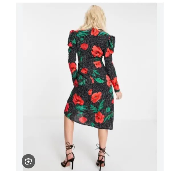 Girl In Mind Alana Puff Shoulder Midi Dress Black Red‎ Floral Polka Dot US 12 - Image 2