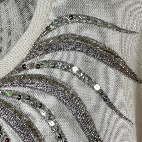 Bob Mackie Wearable Art Cream Embellished Sequin Bead Cardigan Sweater XL - Image 7
