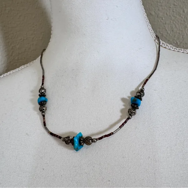 Vintage Silver Tone Southwestern Style Beaded Necklace Turquoise Beads - Image 7