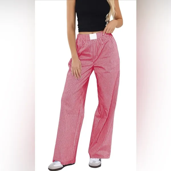NEW Elastic Striped Y2K Wide Leg Low Waist Lounge Pants Pockets M - Image 4