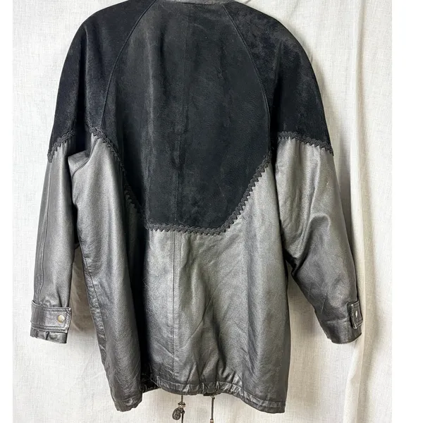 Vintage Comint‎ Mixed Leather Suede Coat 1X Oversized Drawstring Black - Image 11