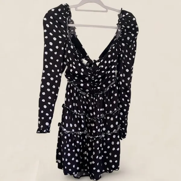 Majorelle black polka dot mini dress with ruffle details and tie-up front Small - Image 3