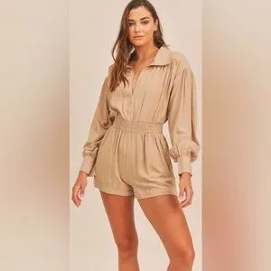 Mable Beige Long Sleeve Collared Smocked Waist Romper Shortalls‎ Size S - Image 2
