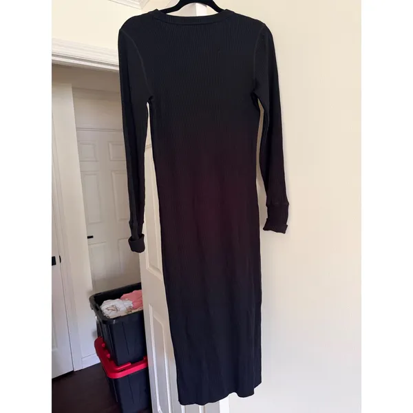 WSLY Rivington Ribbed Midi Dress Black Long Sleeve Tencel Bodycon Crew Neck L - Image 2