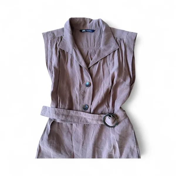 ZARA Sleeveless Collared Belted Wide Leg Jumpsuit Brown XS - Image 4