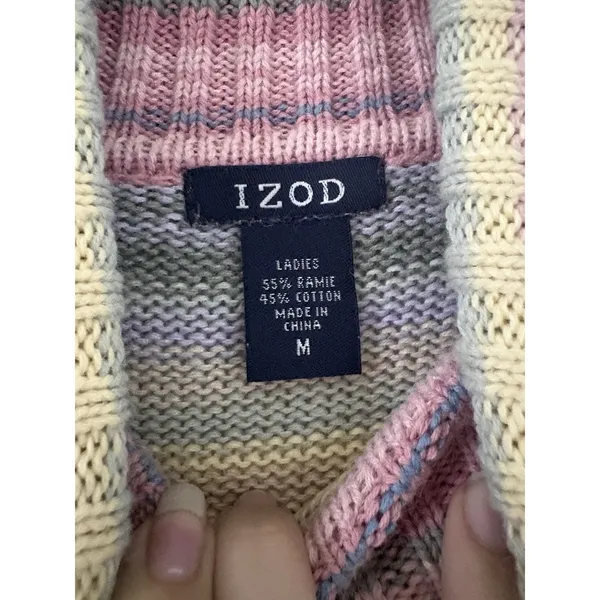 Vtg 90s Y2K Happy Stripe Izod Pastel Colorful Knit Turtleneck Sweater M - Image 4