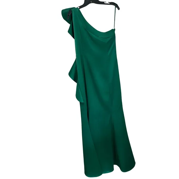 Mango One Shoulder Ruffle Maxi Dress 8 Dark Green Rose Detail Formal Chic‎ - Image 2
