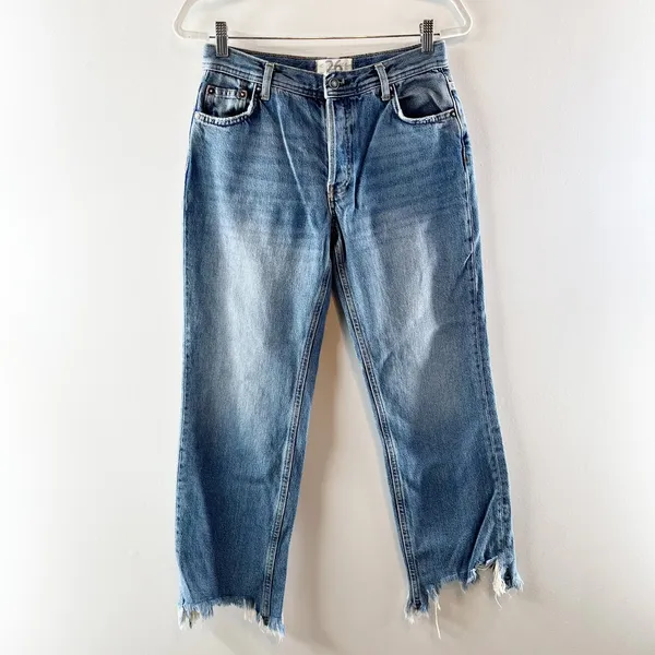 Free People Mid Rise Maggie Button Fly Straight Leg Chewed Hem Jeans Blue 26 - Image 2