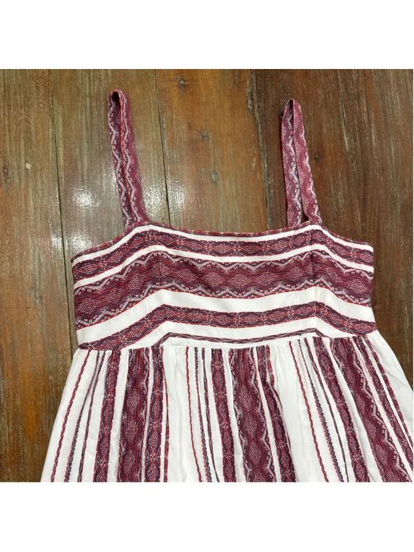 Maggy London Womens Size 6 Maxi Dress White Burgundy Stripe Embroidered Sundress - Image 2