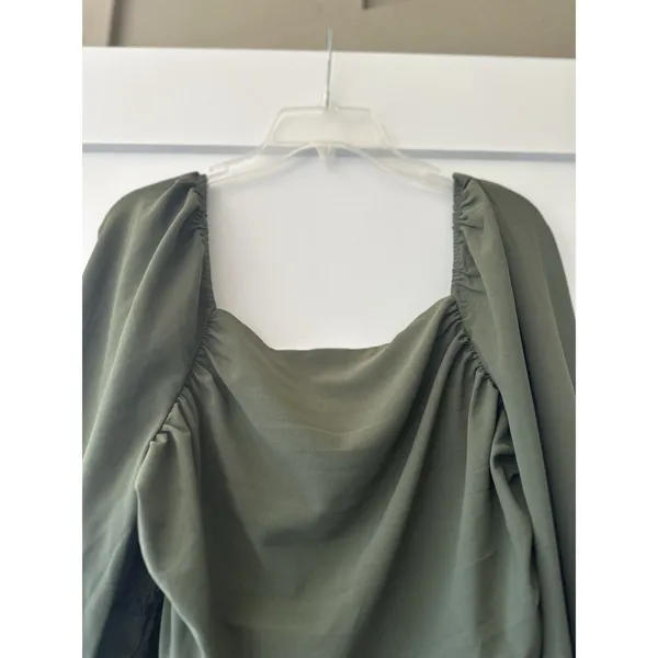 SHEIN olive green blouse draped square neckline bishop sleeves Peasant Top XL/12 - Image 4