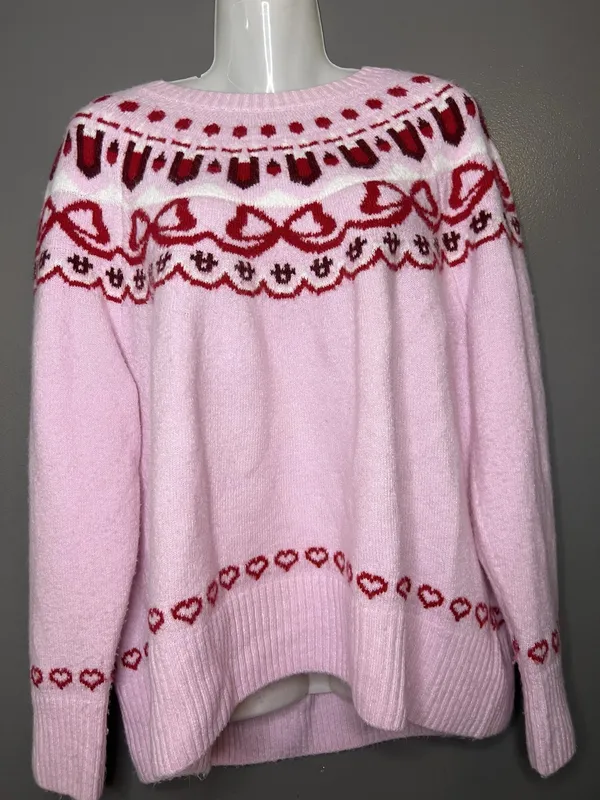 CeCe Sweater Womens XL Pink Fair Isle Hearts Bows Crew Neck Knit Pullover - Image 2
