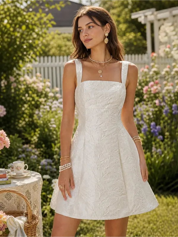 Rihoas Elegant White Jacquard Square-Neck Mini Dress - Image 2