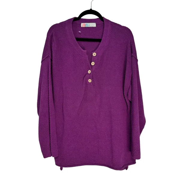 FP Beach Free People Purple Cotton‎ Waffle Knit Henley Sweater Medium 6012 - Image 9