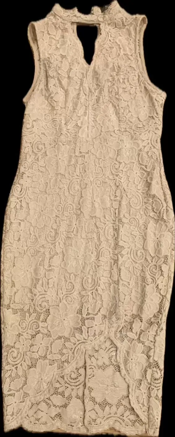 Privy floral nude lace choker neck/an asymmetrical tulip hemline bodycon dress L - Image 5