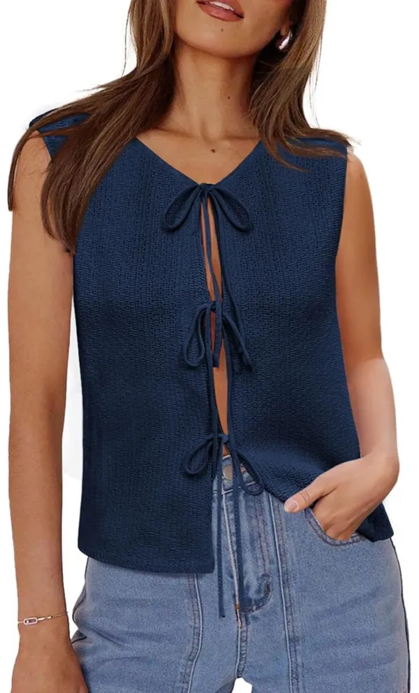 Blue Tie Front Sweater Vest Crochet Knit Size M - Image 2