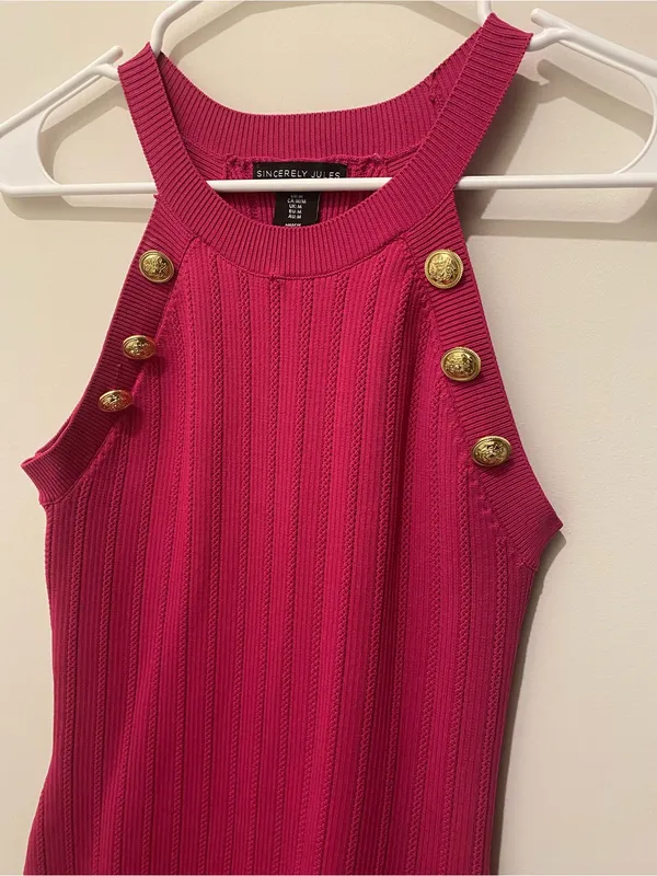 Sincerely Jules Hot Pink Ribbed Sweater Dress with Gold Buttons Size S - Image 3