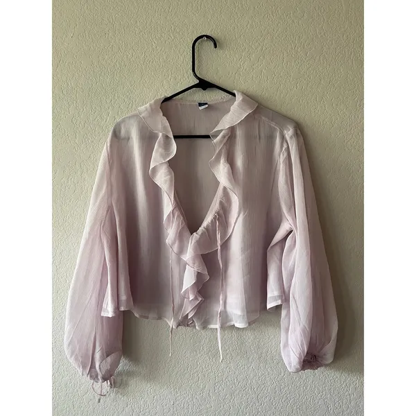 Old Navy Lilac Mist Ruffled Chiffon Cropped Blouse Petite Small V Neck Tie Front - Image 2