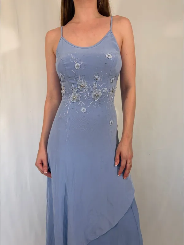 Beaded Embroidered Powder Blue Vintage Evening Dress - Image 8